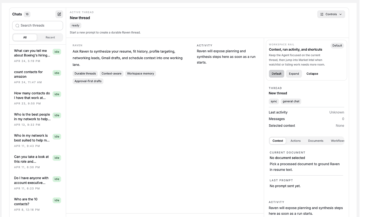ResumeRavenPro Raven workspace showing agentic support and job-search context.